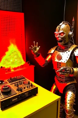 Fire starts in a radio studio, there are two characters, a metal fan radio host who continues the show, the robot sets fire, iron maiden style.