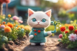 photorealistic image, knitted and embroidered chibi anime gardener cat watering flowers, ecuador landscape, S<AI in sunshine, ethereal, cinematic postprocessing, bokeh, dof