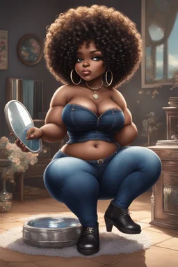 Create a furturism magna art of a black chibi curvy female sitting on the floor looking at herself in a hand mirror. She is wearing tight blue jeans and a black off the shoulder blouse. Prominent make up with lush lashes. Highly detailed tight curly afro. She is also wearing silver large hoop earringsart of a black chibi curvy female sitting on the floor looking at her cell phone. She is wearing tight blue jeans and a black off the shoulder blouse. Prominent make up with lush lashes.