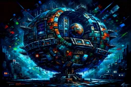 oil paint of high tec teleport space station heritage authentic cyberpunk relic vibrant colours