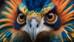 Create a breathtaking close-up portrait of an exotic animal with vibrant, colorful features. Focus on intricate details like the texture of the fur, feathers, or scales, and capture the animal's striking eyes and unique markings. The background should be softly blurred to emphasize the animal's beauty. Choose an animal with extraordinary and vivid colors, such as a peacock, mandarin duck, or a tropical frog. The overall composition should evoke a sense of wonder and highlight the animal's natura