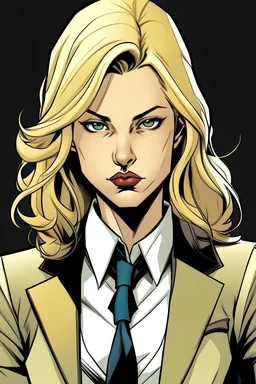 Female, looking serious, in a suit with blond hair in a comic style
