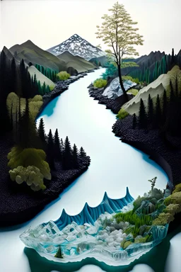 Image: Natural landscape composed of single-use plastic elements that mimic nature, such as trees and mountains, with a plastic river snaking through it. Message: The impactful image reflects how single-use plastics alter and threaten natural ecosystems, symbolizing the fragility of the relationship between plastic and nature. No text, inviting viewers to reflect on the impact of these plastics on the environment.