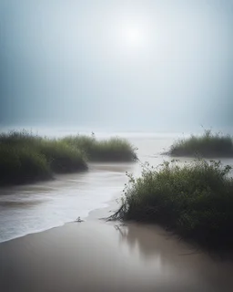 By Sergiо. Style by Greg Rudkowski. Thick white milky dense fog on a deserted beach with lonely bushes.flood water 2 women and a child In the stormy wether