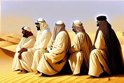 Four Arab sheikhs sitting in the desert wearing typical Arab dress, looking towards the four cardinal points. A talll fat european man in business suit wathcing them while thinking.