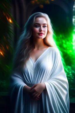 Realistic digital art, full body portrait, ethereal, mature, beautiful and attractive young Norwegian, cute nose, brown hair and white hair, long wavy braided hair, full lips, sweet smile, light natural makeup, wearing a white wrap dress, Nordic patterns, long wavy hair, malachite colored eyes, digital art, masterpiece, trending on artstation, volumetric lighting, triadic color,April, Summer Fashion, smooth soft skin, curly hair, detailed eyes, detailed face, looking into camera, intricate, summ