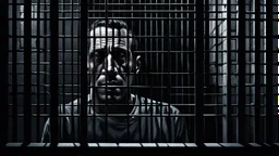 close up parallel prison window bars in foreground, hidden human face partially visible through the window bars, dark prison cell behind him, vertical shadows in background, ultra realistic, dark atmosphere, high contrasts, cinematic