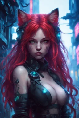 CAT GIRL, FANTASY, VINES, SOULLESS, FLUFFY TAIL, RED HAIR, CYBERPUNK