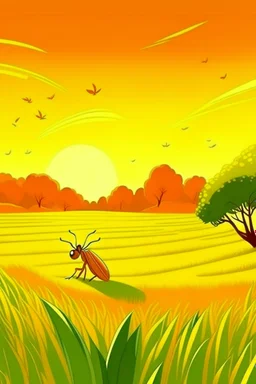 Rice field，Trees，Warm color palette，Animation，A lovely grasshopper，The grasshopper stood on the rice field