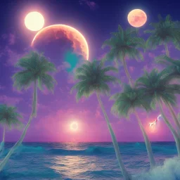 1980's vaporwave aesthetic palm trees with lightning with lunar eclipse moon crescent in the ocean waves sunset