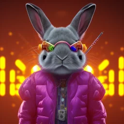 stylized anamorphic Rabbit toddler, smiling, cyberpunk headphone, sunglass, gangsta gold neckless, full body, magenta puffer jacket, manila city backdrop, dramatic lighting, hyper realistic, unreal engine 5, 16k