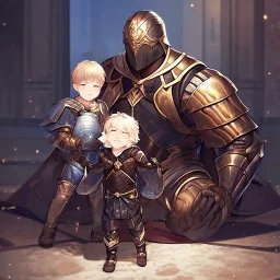 Boy wearing leather armor protecting wife and kid