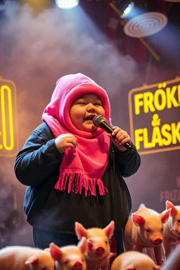 a very fat swedish girl, with pink balaclava with called "Fröken Fläsk" performing at dance club, her name is "Fröken Fläsk" piglets On stage, yellow Neon lights and smog, and "FRÖKEN FLÄSK" big sign on the wall, she singing with mic, text in swedish! no translate mr. stable ai, text in swedish! no translate mr. stable ai, text in swedish! no translate mr. stable ai