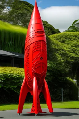 An orangish red steel rocket designed in Maori sculptures