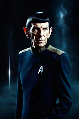 full-length image, Star Trek, extremely muscular Leonard Nimoy as Commander Spock, blue tunic, ultra details, extremely sharp focus, the background of the image is a dark and tenebrous illumination with a reddish fog, ultra-high definition, 16k resolution, masterpiece, Outer Space, Stars, planets, cosmic clouds, galaxies, fog, mist, clouds, smoke, extremely colorful