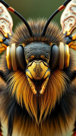 Bee front view with human look face and long hair and beard and put headphones on , looks like an ancient Sumerian gods