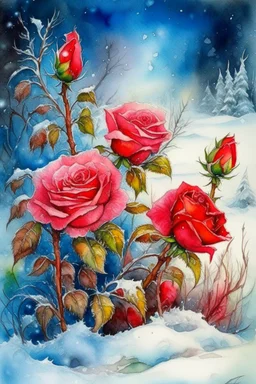 magic Winter landscape, blooming roses in the snow. Jean-Baptiste Monge style, watercolor, ink. Picturesque and colorful. Bright colors of the ring exquisitely luxury chic aesthetics photo harmony professional photo 64K pixel graphics high detail bright lighting