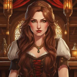 An arrogant looking young woman with pale skin and long brown hair in a fantasy tavern setting with intricate details. She is smirking, a tavern wench, has red eyes, an air of malevolent power surrounds her. High definition.