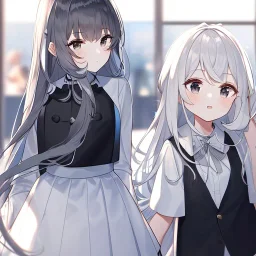 Clear focus, High resolution, Rough line, cute, cartoon style, black long hair, fluffy hair, long locks, spiky hair, wearing a white shirt with a black vest, wearing a white collar and a grey bow, wearing a white skirt, black eyes