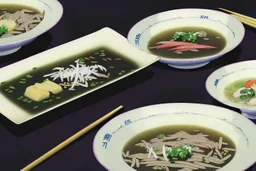 Photographie gastronomique d'un menu asiatique traditionnel: potage, des ha kao, des nouilles sautées au bœuf saté., fruits et légumes exotiques, Belle table de restaurant, vaisselle est en porcelaine de Chine et en argent, Éclairage parfait, reflets discrets, proportions réels, instagramable, photo de une de magazines, majestueux, royal, magnifique, 8k, hdr, cinema 4d, rendu octane, unreal engine 5