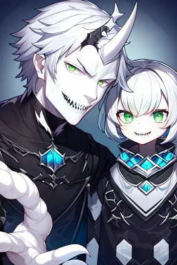 plauge doctor in balck leather clothes with silver hair, pale skin and bright green eyes smiling with sharp teeth, nice young face, male, viscious smile