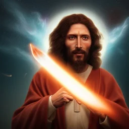 Jesus Christ coming from space as a fiery sword splitting the earth in half, explosions, comets, sun going black in background, water flying into space, bright stars