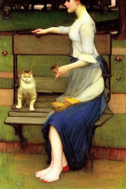 Woman and cat sitting on a park bench. John William Waterhouse