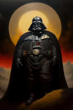 1970's dark fantasy cover dnd style oil painting of a fat obese darth vader with minimalist far perspective