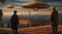 two peasants witnessing ufo flying saucer landing in 1493, Prague in the background, beautiful detailed intricate insanely detailed 3D render digital art, octane render, 8K artistic portrait photography, photorealistic digital art, realistic volumetric lighting, trending on Artstation illustration