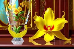 1512857901 hypersigil photograph of a beautiful yellow and red orchid in a clear glass rococo inspired vase on a mirrored deco themed end table in a shadowy corner of a nouveau era room with wood paneling in the style of Robert maplethorpe, tropical birds, lizards, snakes, insects, gorgeous, shamanic, ethereal, photorealistic, embellishments, long shot, wide shot, dof, deep focus, 3d render