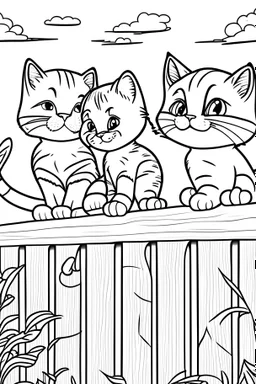 coloring page for kids, Cats on a fence, cartoon style, thick lines, low detail, no shading