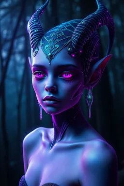 holographic glitch imitation, alien xenobiotic girl with beautiful purple body against dark night forest, split toning effect, subsurface gaussian scattering, dark fantasy, dark botany, photorealistic image, super detail, artistic elven fantasy, filigree, dark botany, ultra detail, dark botany, photorealistic image