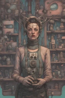 Cyberpunk wunderkammer painted by Frida , unsane details, soft colors