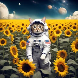 cat astronaut on sunflower field