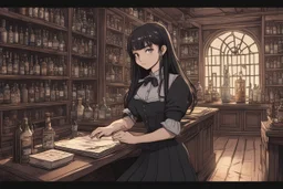 full-height shot of a young witch in a tight black short skirt, inside a large magic shop, sitting at a desk, shelving, bottles, windows