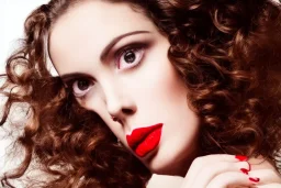 Beautiful portrait female, long brown wavy hair, barrel roll curls, looking down and to the side, full red lips, hand up like blowing a kiss, head looking to the side, side profile, painted with wet goauche