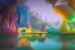 of a colorful lakeside with strange cute friendly creatures with huge eyes, mouth, long tongue and round teeth appearing from the waters, in the style of gehry and gaudi, macro lens, highly detailed, shallow depth of fielf, digital painting, trending artstation, concept art, illustration, cinematic lighting, vibrant colors, photorealism, epic, octane render