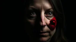 Digital portrait of a woman in her 40s. One eye is visible, while the other is covered by a black-furred rabbit with red eyes. A dark, haunting, and mysterious atmosphere. Abstract dark background.