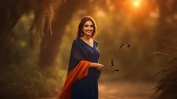 Hyper Realistic photographic-view of a Beautiful-Young-Happy-Pashto-Woman-smiling-with-a-bird-on-his-hand with navy-blue-dress-&-orange-shawl & breeze-whirling in a jungle-with-tall-trees & cloudy-sunset-&-sun-rays showing dramatic & cinematic ambiance