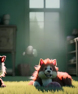 Realistic toys room scene. big furry monster sitting. girl from behind. Steven Spielberg style. Red hair, smile, happy, gradient color fog. highly detailed, concept art, unreal engine 5, ray tracing, RTX, lumen lighting, ultra detail, volumetric lighting, 3d, finely drawn, high definition, high resolution.