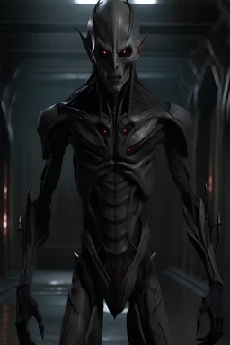 4k image, cinematic movie quality image, full body, very tall humanoid alien with emaciated body, wearing horrific razor edged elegant dark grey metal armor slick with blood, robes made of skin, skin pierced with hooks needles and blades, vampire features, long fangs, sinister smiling expression, david cronenberg body horror style, hellraiser cenobite style