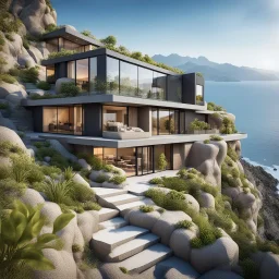 Dream house with modern architecture design, built on a rocky terrain overlooking the ocean and mountains, with multiple levels, with large windows and doors that offer panoramic views. The architecture features acute angles and a rooftop terrace. The rocky terrain has plants and a gravel path leading to the house. The background is a clear sky, blue ocean waves and mountains with greenery