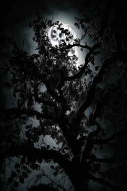 Night, tree leaves, moon, clouds, creepy gothic movies influence, photography