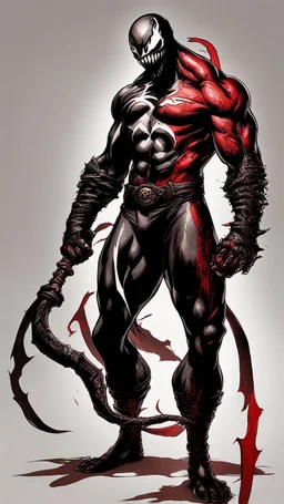 A close picture of Venom symbiote with kratos red tattoos and Clothes, holding blade of choice