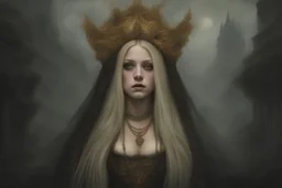 AVRIL LAVIGNE, beautiful and highly detailed face, meticulously detailed GOLD hair, strange witch; ethereal fantasy hyperdetailed mist, maximalist matte painting, polished, realistic oil painting; Victorian era portrait painting, old fashioned, vintage, antique, beautiful, bleak environment, gothic, spooky, eldritch, 16k