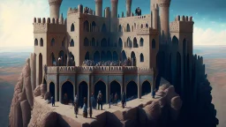 a group of people standing on top of a castle, a detailed matte painting by Ricardo Bofill, behance contest winner, qajar art, matte painting, vray tracing, matte drawing