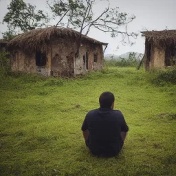 foto de costas de homem sentado no meio da vila abandonada longe, chuva