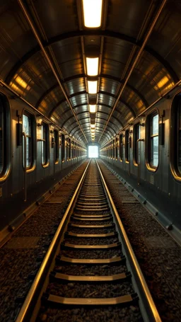 ai thinks there are train tracks inside the train, get inside the rabbit train in the style of Rembrandt and Fallout 4, with motion blur