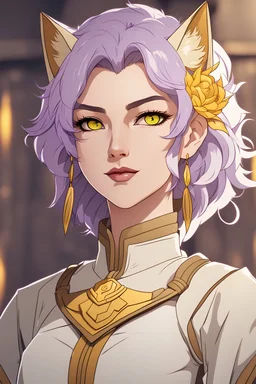 Young woman with short, wavy lavender hair and lion ears and tail. vivid yellow eyes, cream-colored warrior monk clothes, smirking, grinning, industrial background, RWBY animation style