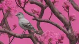 A bird drawing in a tree with a lot of pink flowers.